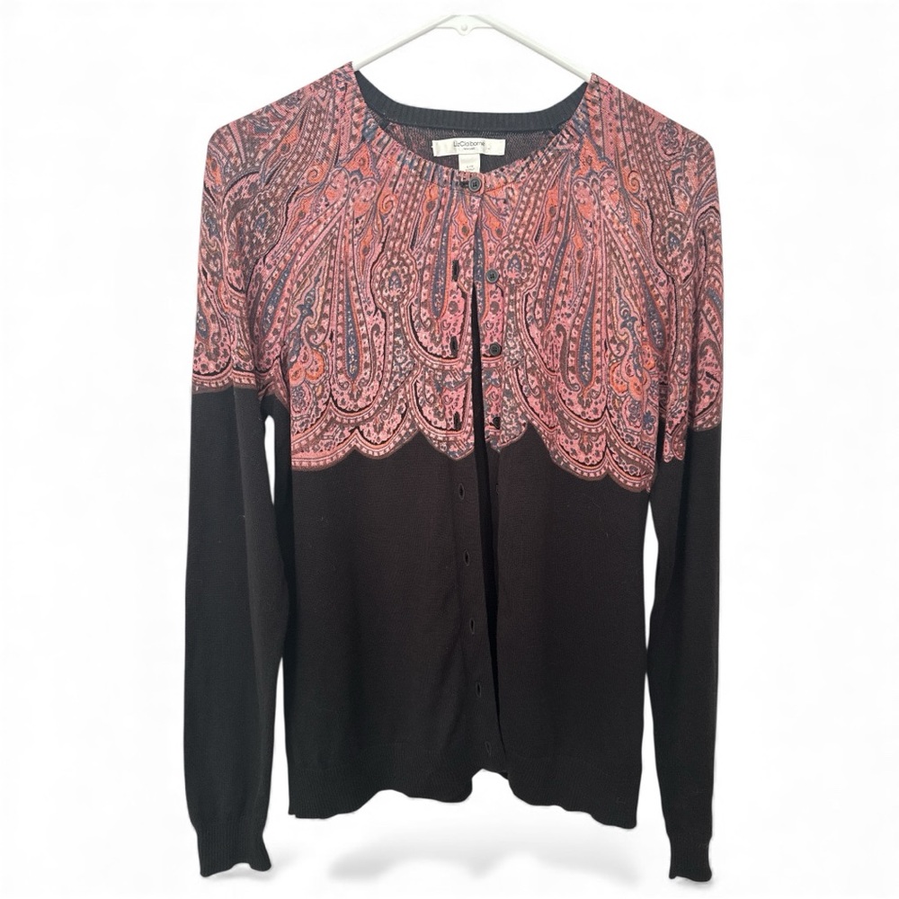 Fall Liz Claiborne Paisley Print Black Button Long Sleeve 100% Cotton Cardigan-L